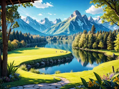 The View Outside the Window,scenic landscape,sunlit meadow,tall green trees,serene lake,rolling hills,clear blue sky,birds flyin...