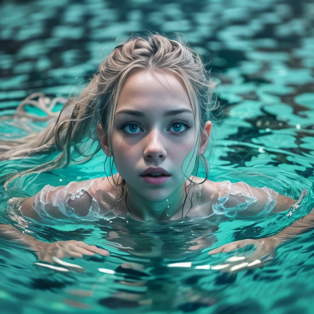 Ultra realistic photography, ultra detailed 8k, sharp photography, wide angle, full body, small german blonde blue-grey eyes teenager on her back in a swimming pool, slender body, wet body, very detailed face
