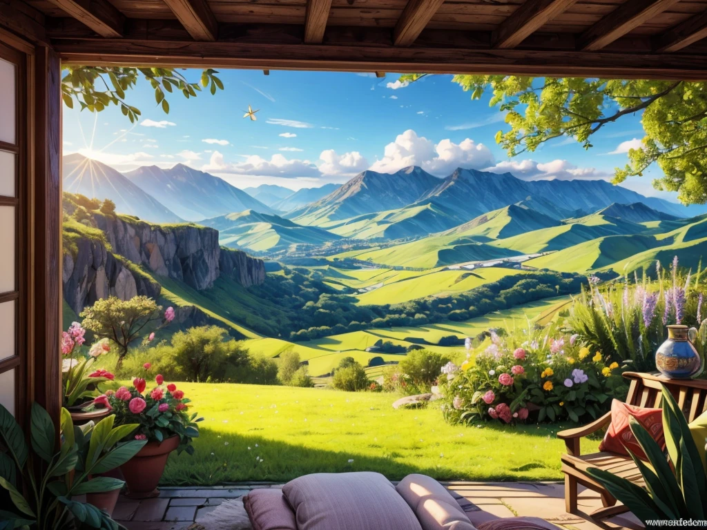 (best quality,4k,8k,highres,masterpiece:1.2),ultra-detailed,(realistic,photorealistic,photo-realistic:1.37),scenic countryside landscape,through a window,highly detailed trees,rolling hills and fields,lush green grass,vibrant flowers in full bloom,colorful butterflies dancing in the air,soft sunlight streaming through the window,creating a warm and serene atmosphere,faraway mountains in the distance,adding depth and dimension to the scene,peaceful and tranquil ambiance,impeccable clarity and sharpness,as if captured by a professional photographer.