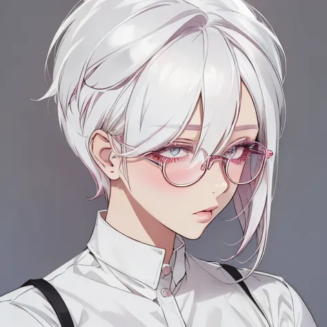 Girly girl, pastel pink glasses, white shirt, face close-up, white hair, light white eyes, pure, (Hair Over One Eye), (Pixie Hai...