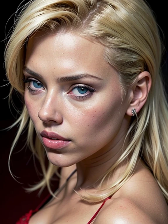 best quality, extremely detailed, hyperrealistic, photorealistic, Scarlett Johansson face, detailed blond hair, oiled skin, red lingerie, look towards the viewer