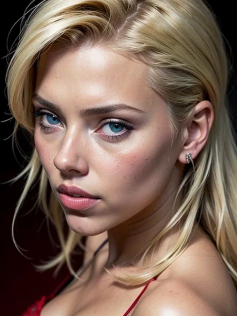 best quality, extremely detailed, hyperrealistic, photorealistic, Scarlett Johansson face, detailed blond hair, oiled skin, red ...