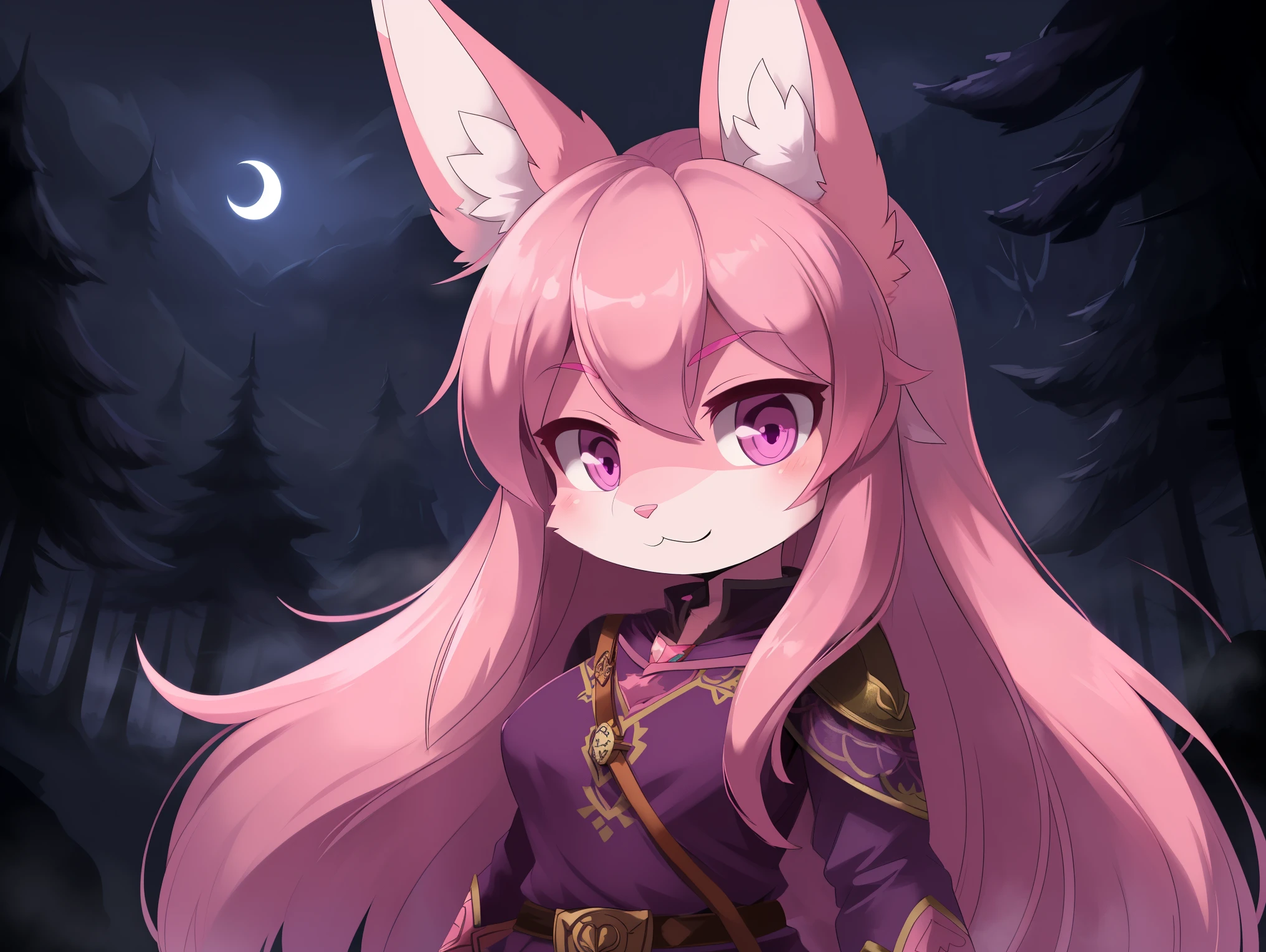 ((wolf)), solo, young, chibi, ((bunny face)), (pink fur), (pink face), long hair, straight hair, (pink hair), (wolf ears), (wolf tail), pink eyes, ((short snout)), breasts, ((very dark purple battle tunic)), midnight, dark forest city, fog, moon, Very good figure, extremely detailed, cinematic lighting, volume lighting, masterpiece, best quality