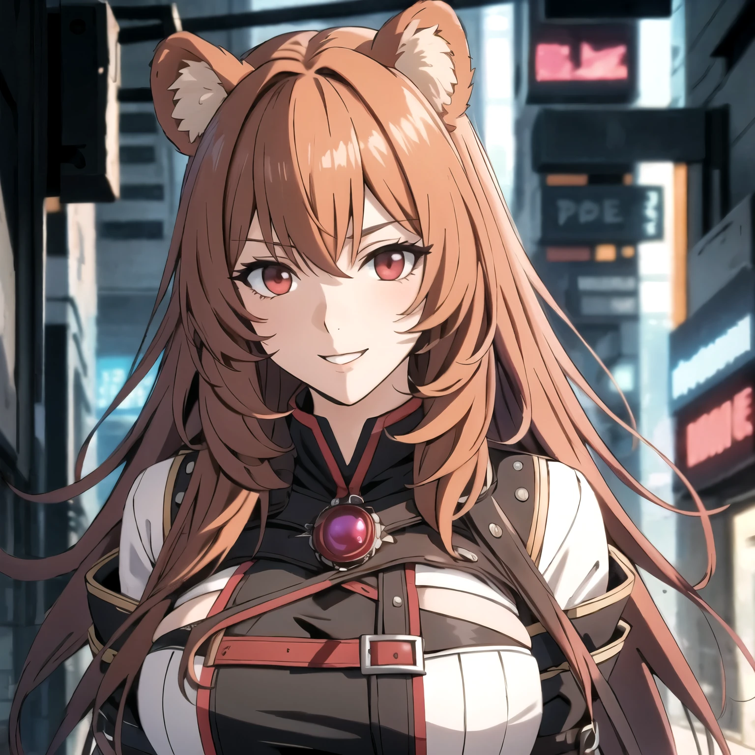 Raphtalia attractive woman. bear ears, orange blonde hair, red eyes like rubies, open mouth smile, blush, big breasts, neckline .short cyberpunk style clothes,  neon buildings background .