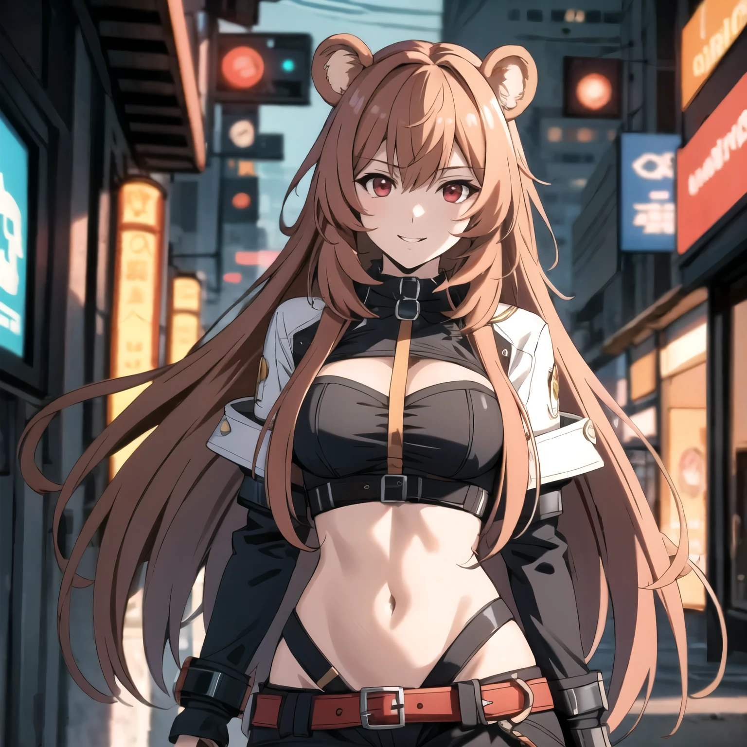 Raphtalia attractive woman. bear ears, orange blonde hair, red eyes like rubies, open mouth smile, blush, big breasts, neckline .short cyberpunk style clothes,  neon buildings background .