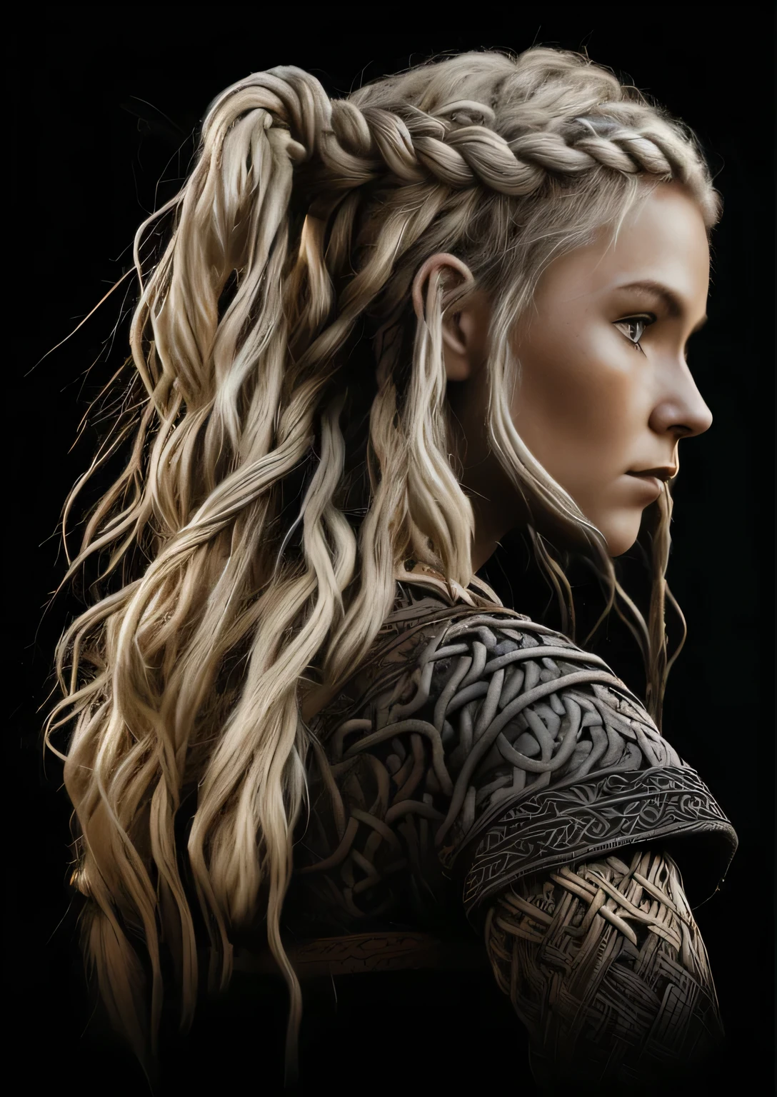 Великолепная женщина-викинг. светлые волосы tied in an intricate valkyrie  knot braid. Традиционная одежда викингов. светлые волосы, красивые голубые  глаза - SeaArt AI