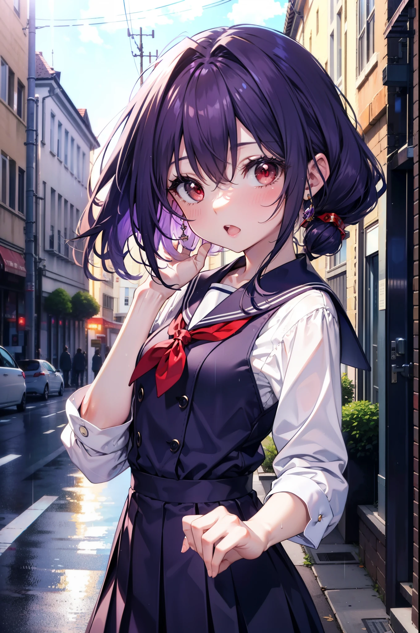 yuukikonno, Yuki Konno, hair band, long hair, pointed ears, purple hair,blush, embarrassing,(red eyes:1.5), (small breasts:1.2), open your mouth,high school girl uniform(purple sailor suit),Purple pleated skirt,white tights,brown loafers,rain,cloudy sky,傘を両手持っている
break looking at viewer, Upper body, full body,
break outdoors, In town,building street,
break (masterpiece:1.2), highest quality, High resolution, unity 8k wallpaper, (figure:0.8), (detailed and beautiful eyes:1.6), highly detailed face, perfect lighting, Very detailed CG, (perfect hands, perfect anatomy),