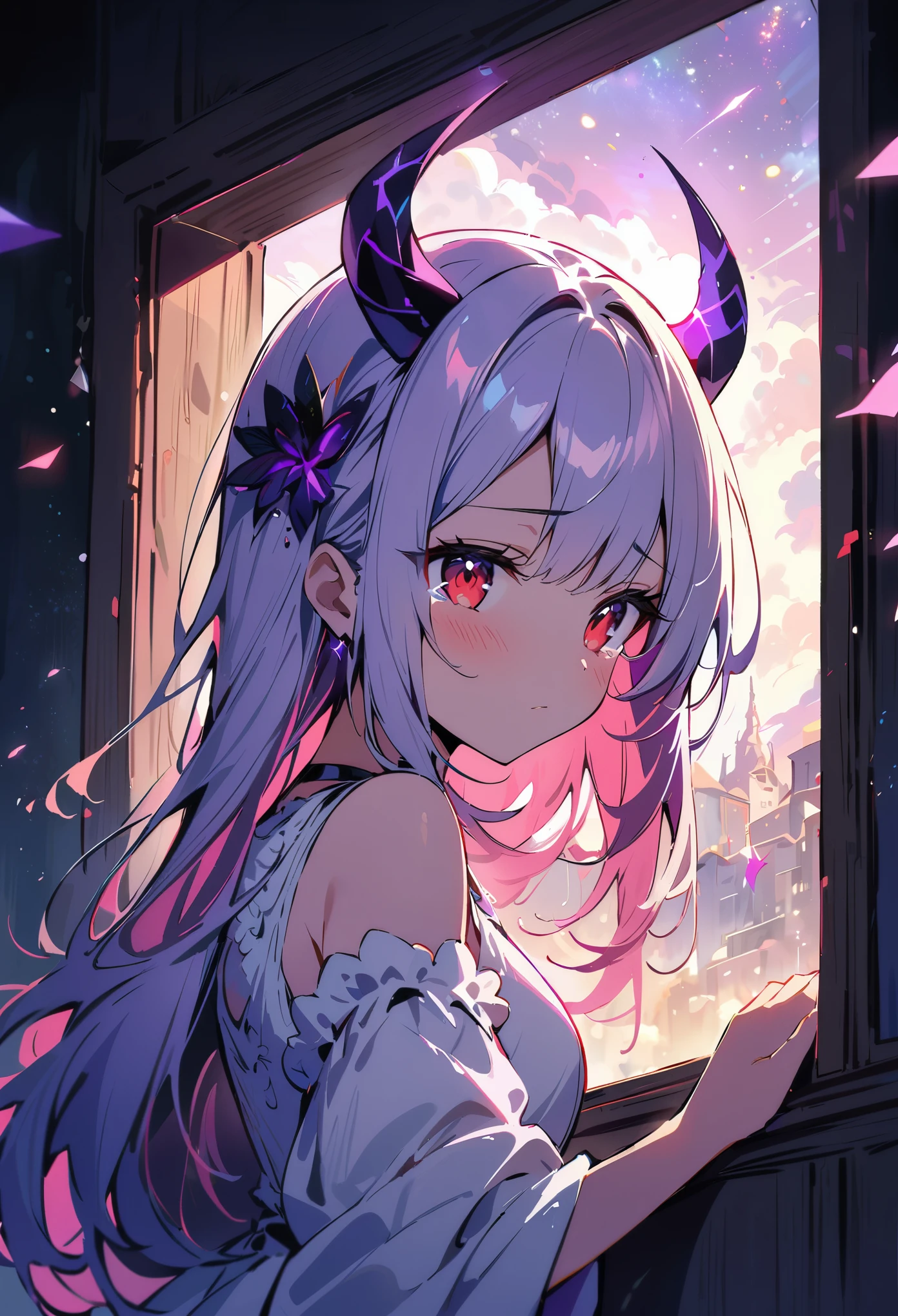 (best quality, masterpiece:1.2), 1girl, big red eyes,decend eyelids,brimming with tears, white long hair,white dress, Purple 2horns on head, Purple demon tail, blush,full body,gaze at the stars outside the window, cinematic lighting effects, particle light effects, portrait, ethereal colors, surreal atmosphere, delicate brushwork, dream-like scenery