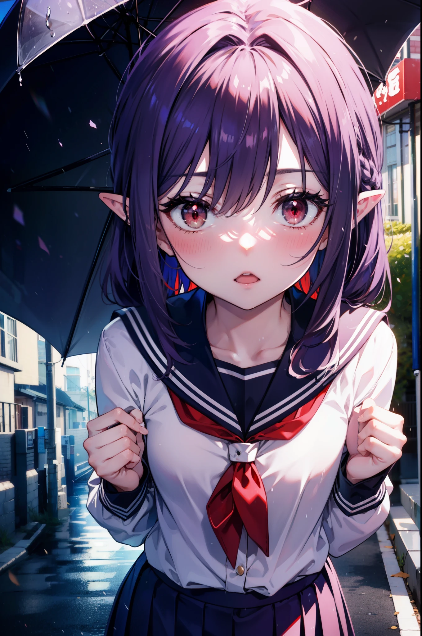 yuukikonno, Yuki Konno, hair band, long hair, pointed ears, purple hair,blush, embarrassing,(red eyes:1.5), (small breasts:1.2), open your mouth,high school girl uniform(purple sailor suit),Purple pleated skirt,white tights,brown loafers,rain,cloudy,umbrella,
break looking at viewer, Upper body, full body,
break outdoors, In town,building street,
break (masterpiece:1.2), highest quality, High resolution, unity 8k wallpaper, (figure:0.8), (detailed and beautiful eyes:1.6), highly detailed face, perfect lighting, Very detailed CG, (perfect hands, perfect anatomy),