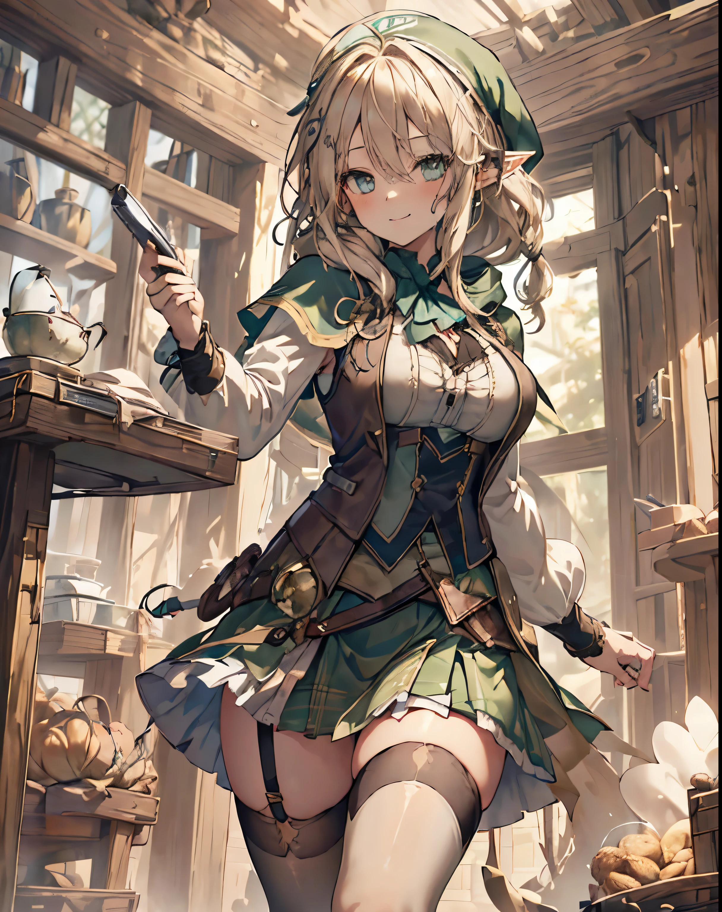 masterpiece, 1girl, sparrow, a blonde haired girl, wearing a white elf clothes, curly medium hair, messy hair, slim body, wearing green capelet with hoody, he close her left eye, shirt ornament, aqua eyes, sho show her back, ahoge, black vest, baby face, big breast, beautiful breasts, rounded breasts, braid hair, mitre cap, long sleeves, beautiful eyes, white stocking, droopy eyes, miniskirt, green skirt, plaid skirt, her age is 19 years old, elf, seductive smile, forest