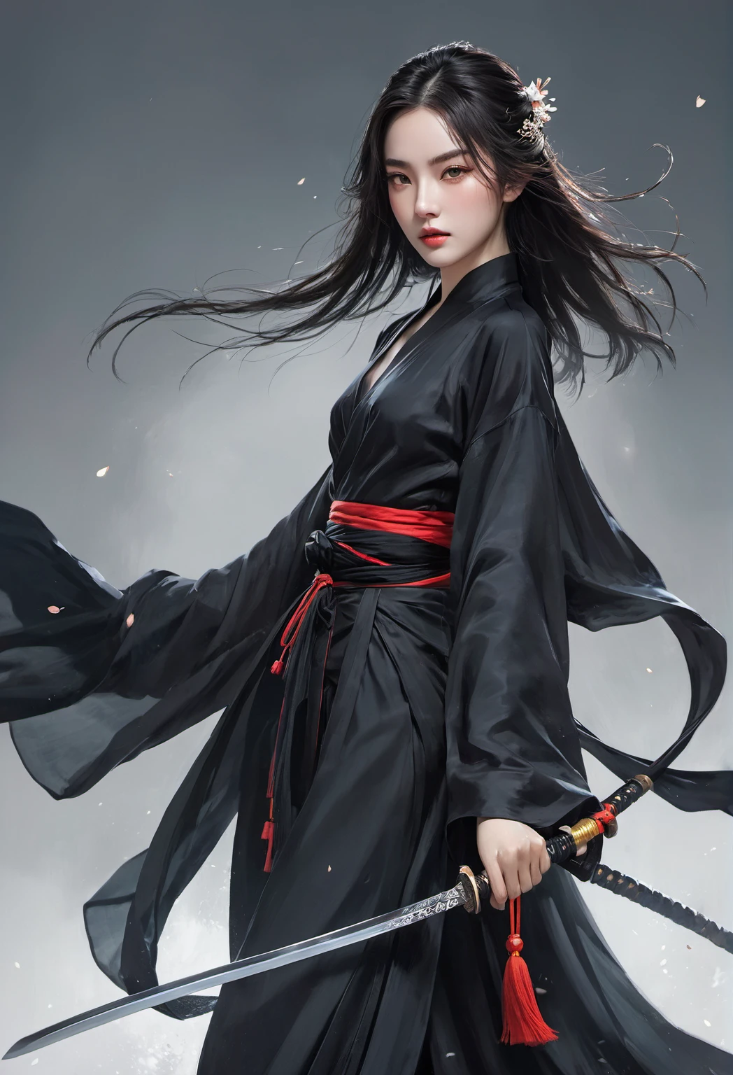 um close de uma mulher com uma espada em um vestido preto, um retrato de personagem de Yang J, trends at cgsociety, arte de fantasia, linda pintura de personagem, artwork in the style of Guweiz, Guweiz, hanfu preto, flowing black robes, wuxia de corpo inteiro, epic and exquisite character art, arte de personagem impressionante, bela assassina feminina