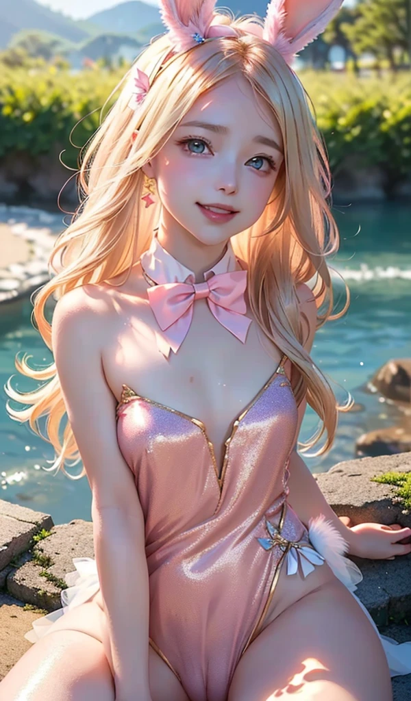 masterpiece, best quality, extremely detailed CG unity 8k wallpaper, (Upper Body head close-up shot of a beautiful little girl), , Elegant Long straight blonde hair, (Mckenna Grace), (flat chest,thighs), (pink-white) golden (Glittering tutu,long Bunny Ear Headgear, , Bow-tie, No panties, genitals visible), (spread legs), (Blush), oil skin, (seductive smile), (Wonderland), pretty face, key art, award winning, intricate detail realism hdr, by (ruan jia and artgerm and range murata), Photorealism, Hyperrealism, ultra realistic, dramatic light, intense shadows, gorgeous view, depth of field
 
