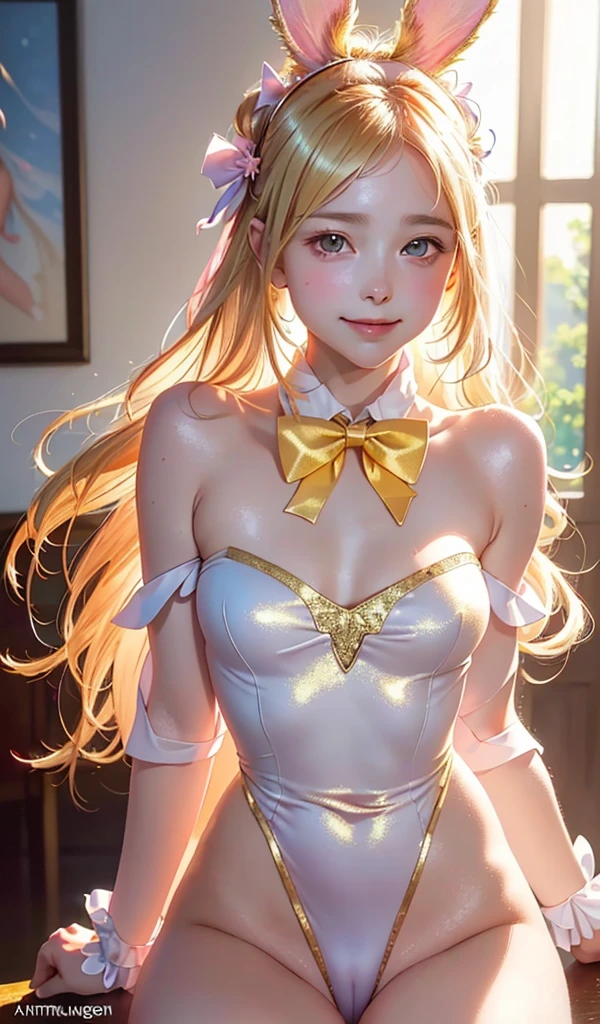 masterpiece, best quality, extremely detailed CG unity 8k wallpaper, (Upper Body head close-up shot of a beautiful little girl), , Elegant Long straight blonde hair, (Mckenna Grace), (flat chest,thighs), (pink-yellow) golden (Glittering tutu,long Bunny Ear Headgear, , Bow-tie, No panties, genitals visible), (spread legs), (Blush), oil skin, (seductive smile), (Wonderland), pretty face, key art, award winning, intricate detail realism hdr, by (ruan jia and artgerm and range murata), Photorealism, Hyperrealism, ultra realistic, dramatic light, intense shadows, gorgeous view, depth of field
 
