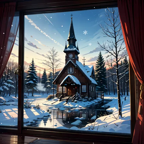 (masterpiece), High Quality, 1man, Winter scenery, Cozy cabin, Snowfall, Crystal clear glass, Reflection of warm fireplace, (Det...