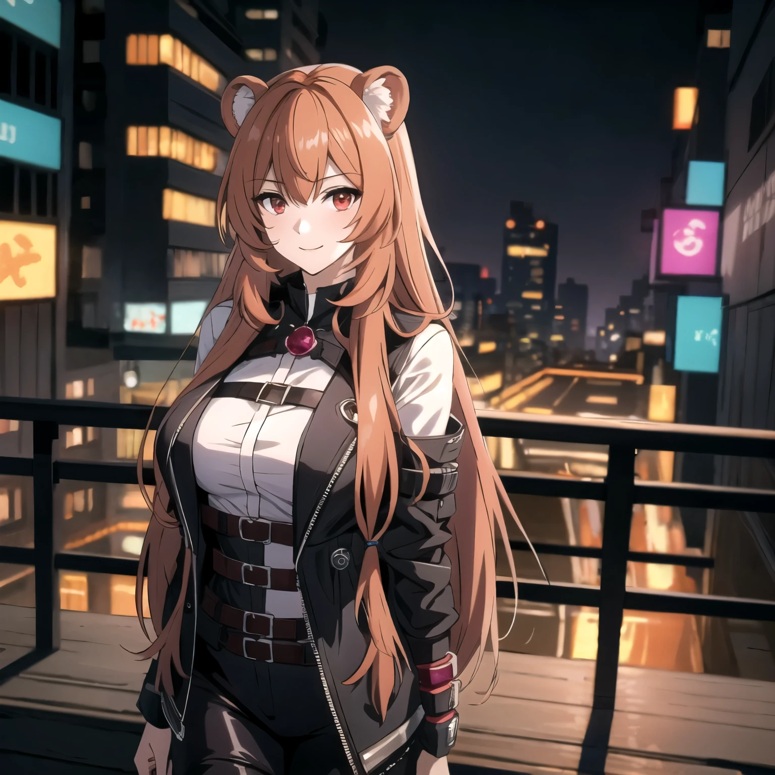 Raphtalia atractiva mujer. orejas de oso, cabello rubio naranja, red eyes like rubies, sonrisa boca abierta, rubor, pechos grandes, escote .ropa corta estilo cyberpunk,  neon buildings background at night, noche..