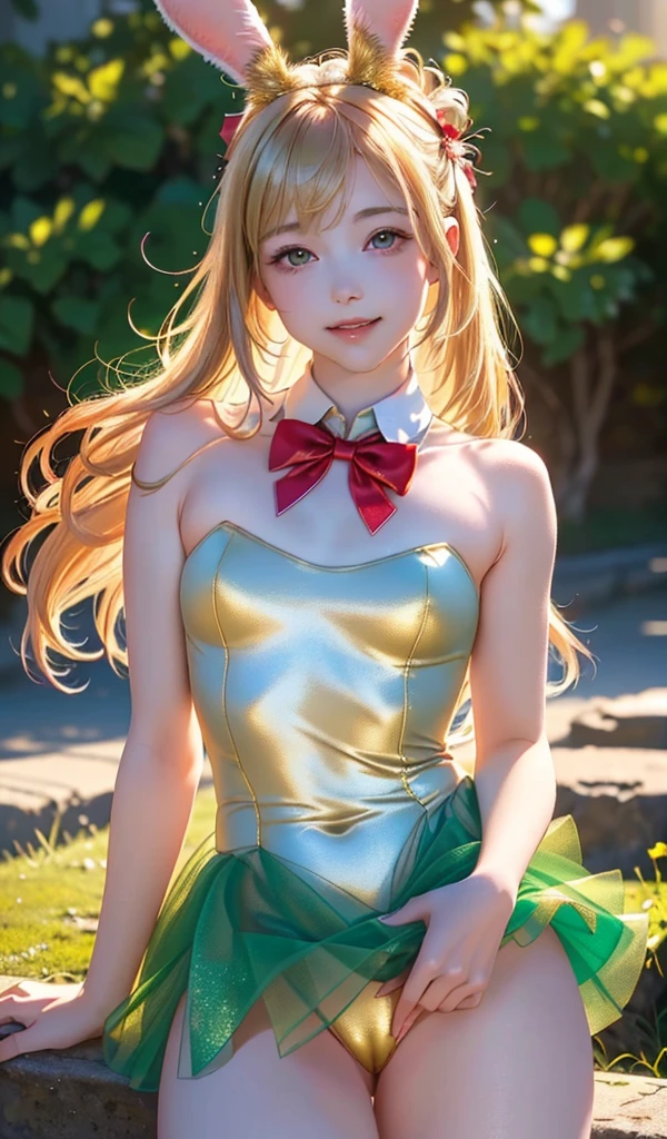 masterpiece, best quality, extremely detailed CG unity 8k wallpaper, (Upper Body head close-up shot of a beautiful little girl), , Elegant Long straight blonde hair, (Mckenna Grace), (flat chest,thighs), (red-green) golden (Glittering tutu,long Bunny Ear Headgear, , Bow-tie, No panties, genitals visible), (spread legs), (Blush), oil skin, (seductive smile), (Wonderland), pretty face, key art, award winning, intricate detail realism hdr, by (ruan jia and artgerm and range murata), Photorealism, Hyperrealism, ultra realistic, dramatic light, intense shadows, gorgeous view, depth of field
 
