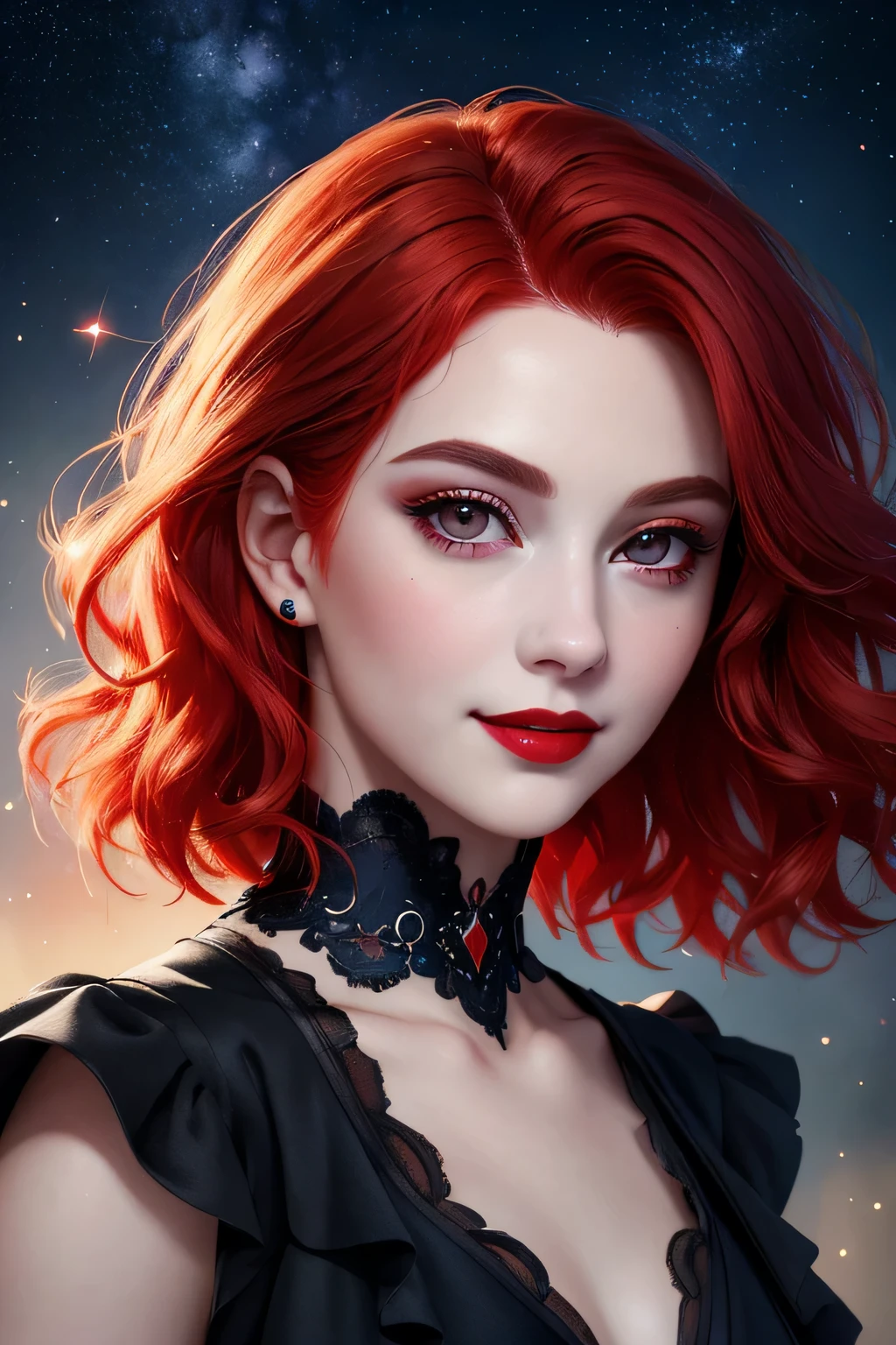 Up close face, (Masterpiece, Best Quality:1.3), absurdres, (8k resolution), illustration, ((outline, thick lineart)), (faux traditional media:1.3), looking at viewer,(masterpiece,best quality),HDR,high-definition,[[Intricate Details]],cinematic,photorealisticportrait shot, ((vivid red hair)), mature woman, 30 years old, diamond face, moonlight, red starry sky background, depth of field, magic, big red lips, ((dark black eyes)) red an blue long and full dress, covered chest, mystical atmosphere, smile expression, posing, taut and well defined body, attractive. Highly realistic, pale skin, beautiful, hyperrealism, skin very elaborated, direct gaze ,flower_style,
