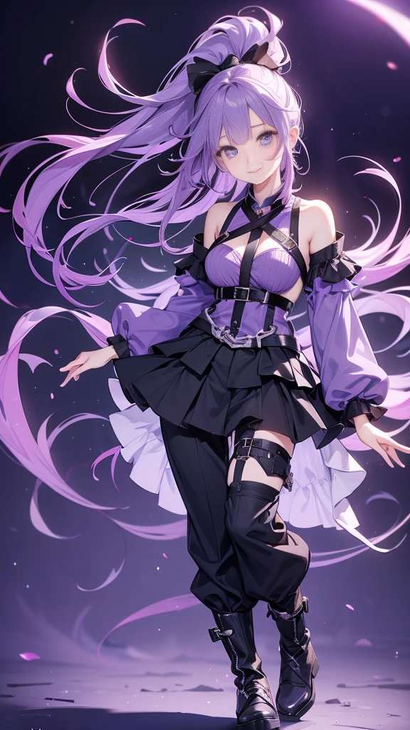 purple hair,girl,1 person,medium hair,No sleeve,Harness,pants,boots,simple background,smile,whole body,full body,standing position,Standing picture,VTuber,front,Eyes on the viewer,視線をfrontに,arm to the side