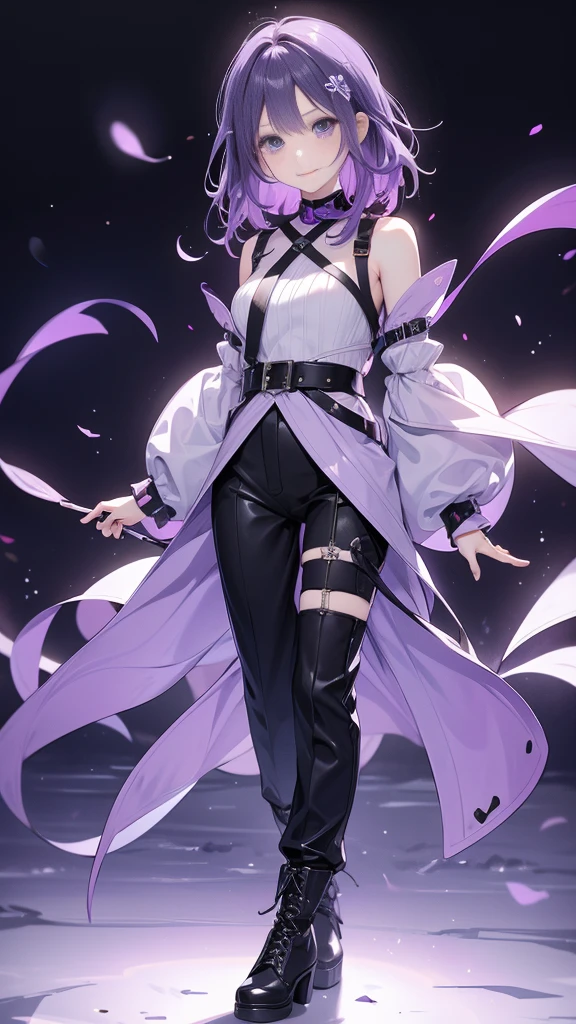 purple hair,girl,1 person,medium hair,No sleeve,Harness,pants,boots,simple background,smile,whole body,full body,standing position,Standing picture,vtuber,front,Eyes on the viewer,Focus your gaze on the front,arm to the side