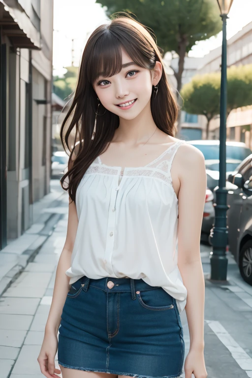 (((whole body 1.4))) ,highest quality, 8K, 15 year old student, teen, Raw photo, award-winning portraits, smile, smile, alone,Are standing,white camisole,mini skirt, noon,In town,idol face, violaces, gardenia, delicate girl, whole body 1.4, Digital single-lens reflex camera, looking at the viewer, Frank, Sophisticated, Zola々right, thin arms, professional lighting, film grain, chromatic aberration, (Eye and face details:1.0), (Bokeh:1.1)