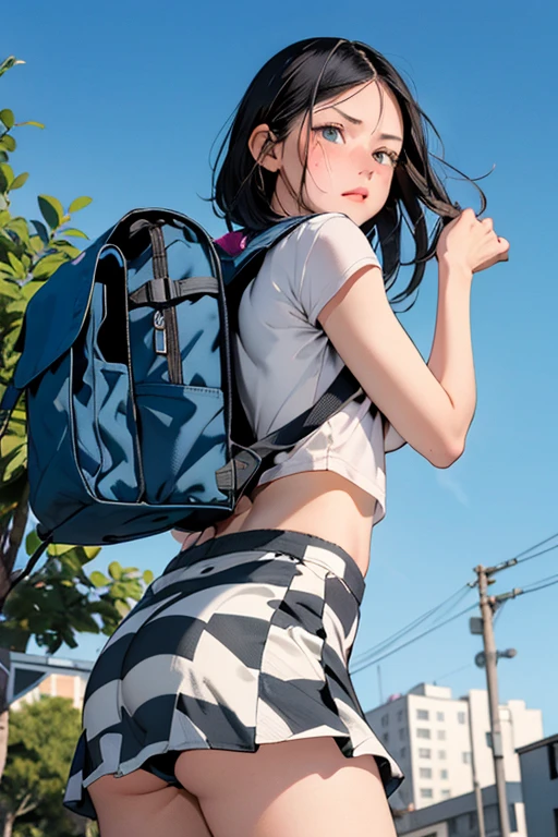 The girl was wearing a T-shirt, a checkered skirt, and a backpack, and her skirt got caught in the backpack and rolled up. When she turns around, blue eyes, blue sky, blush: 1.1, disgusted face: 1.0