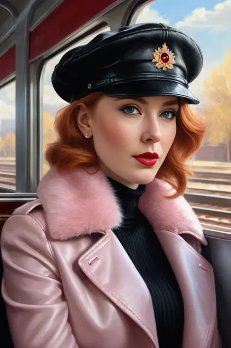 A close-up portrait of a gorgeous, beautiful, stunning russian woman wearing a classy outfit: a pale pink leather fur trench coa...