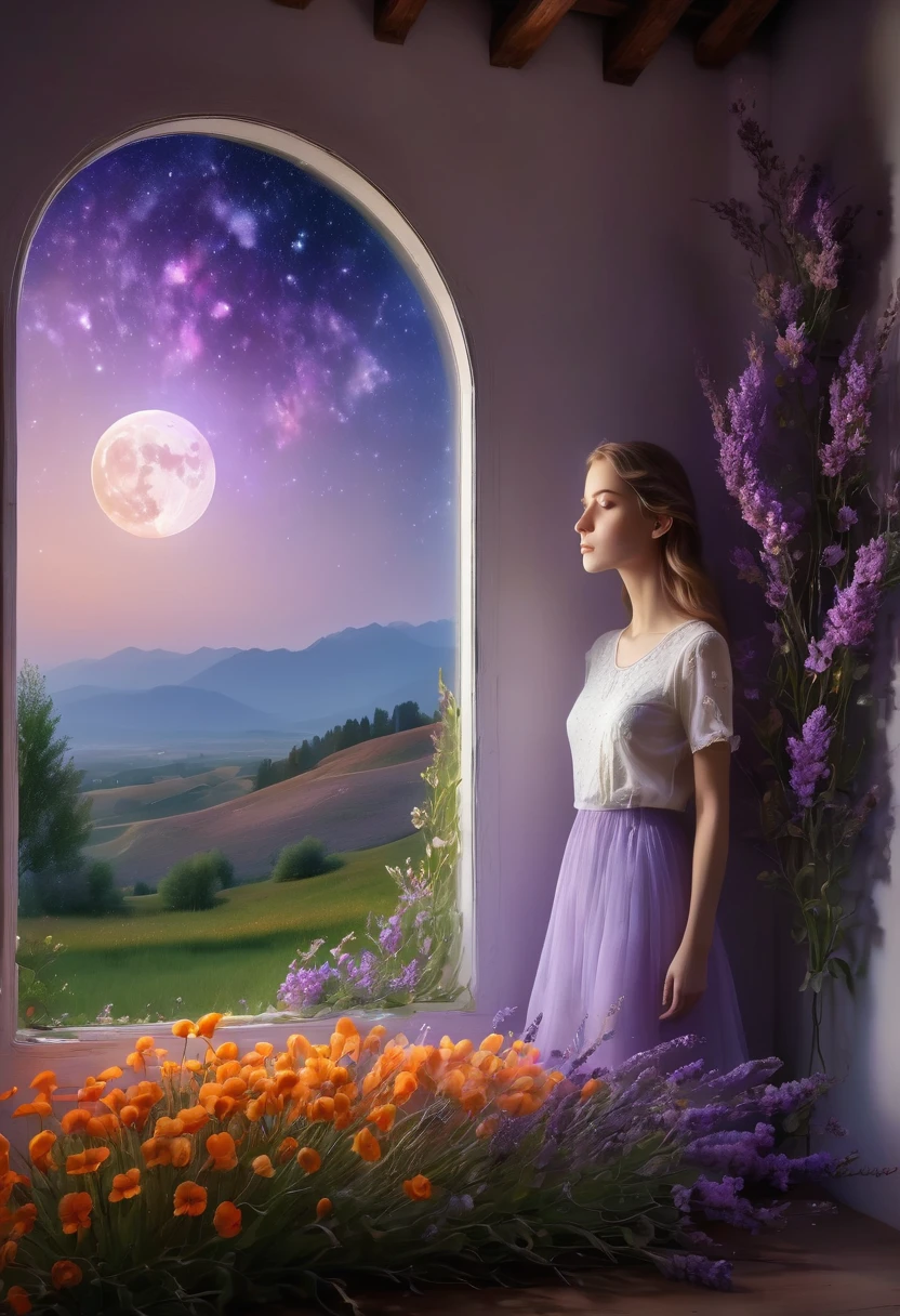 Windows in Roman architectural style，Girl standing by the window，The scenery outside the window，Looking out from the window，vast landscape photos, (A view of the sky and the wilderness below),  Standing in the flower field and looking up, (full moon: 1.2), (meteor: 0.9), (nebula: 1.3), distant mountains, The art of tree folding, (Warm light source: 1.2), (firefly: 1.2), lamp, purple and orange, intricate details, Volumetric lightingBREAK (masterpiece: 1.2), (best quality ), 4K, Super detailed, (Dynamic configuration: 1.4), Highly detailed and colorful details (iridescent: 1.2), (sparkling lights, mood lighting), fantastic, magic, (alone: 1.2)