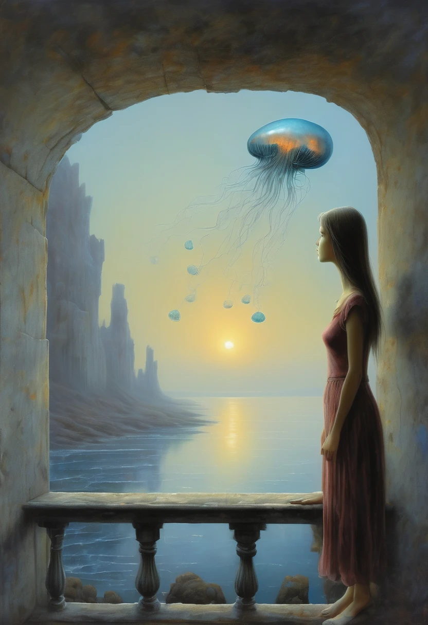 The scenery outside the window，Looking out from the window，Girl looking into the distance at the window，The Faceless Stone Woman on the Bridge，Handheld Light，Background with jellyfish, With the sky as a background, Brome&#39;s Art, Magic  artwork, super fine, Fantasy Art Surrealism Beksinski