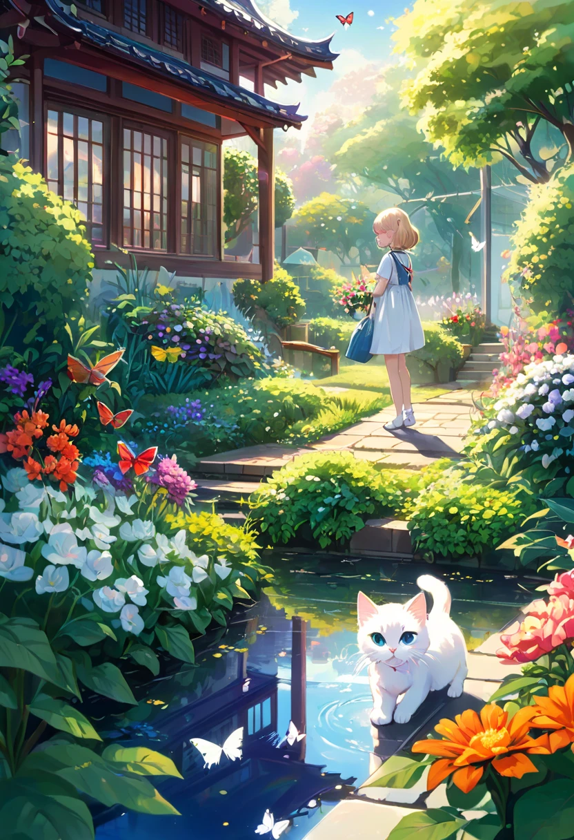 This scene is very fascinating。A girl and a white kitten are in a beautiful garden。 The girl is looking at the white kitten with amusement。The white kitten is having fun trying to catch a butterfly。 The garden is decorated with lush greenery and colorful flowers.。The garden is bathed in spring sunlight, giving it a warm glow.。A bright number of people surround a white kitten々Butterflies are flying。The flying butterflies create a lively atmosphere.。 The white kitten is expressive、The detailed fur and unique folded ears add to its charm.。The gardens are beautifully maintained、Neatly trimmed bushes and々Various plants are arranged。The stream&#39;s crystal clear water reflects the serene environment.、Colorful facade of house in the distance々adds a bit of whimsy to the scene.。 The scene has an atmosphere of tranquility and contemplation.、Expressing the world of high fantasy。Guardian nebula of rainbow light and silvery vapor、The colors of the Corrosive Encirclement Ray family fill the sky、There is a slimy feeling in the air.。A beautiful piece of artwork that exudes a mysterious aura.。