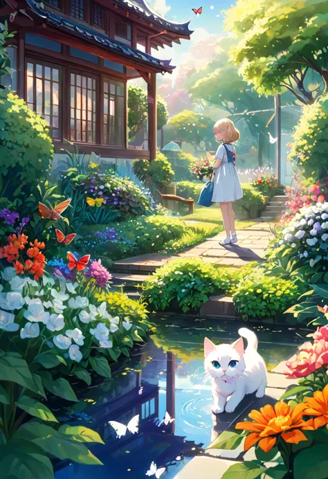 This scene is very fascinating。A girl and a white kitten are in a beautiful garden。 The girl is looking at the white kitten with...