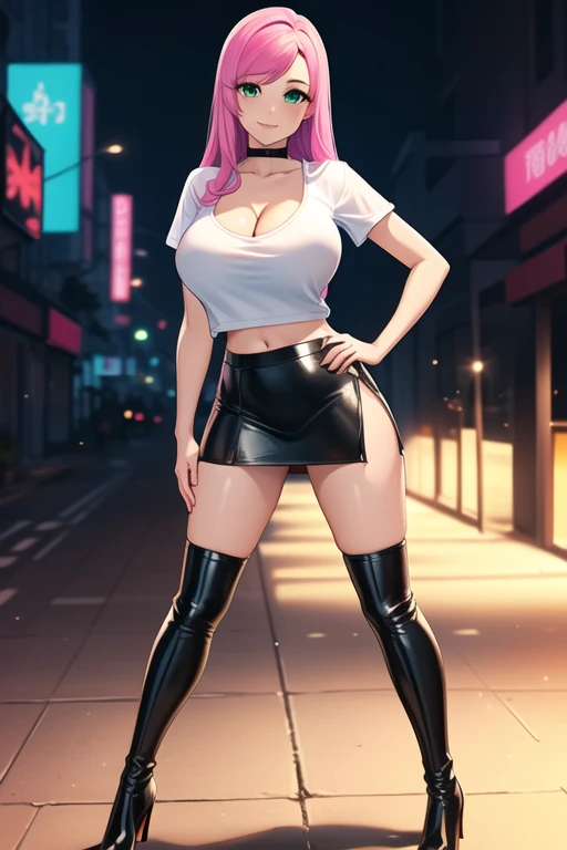 1 girl, 19 years old, Long pink hair, green eyes with slit pupils, master-piece, best quality, (standing up), (white shirt), (tight white v-neck crop t-shirt, black leather pencil mini skirt, patent leather high heel boots, cleavage),  (Big , ultra gigantic , Super super big, Glamorous body), Make eye contact with the camera, front figure, looking forward, (light_Smile:1.5), (Detailed hands and fingers:1.2) (Cyberpunk City), (FULL BODYSHOT), thighs thighs thighs thighs、beauty legs、