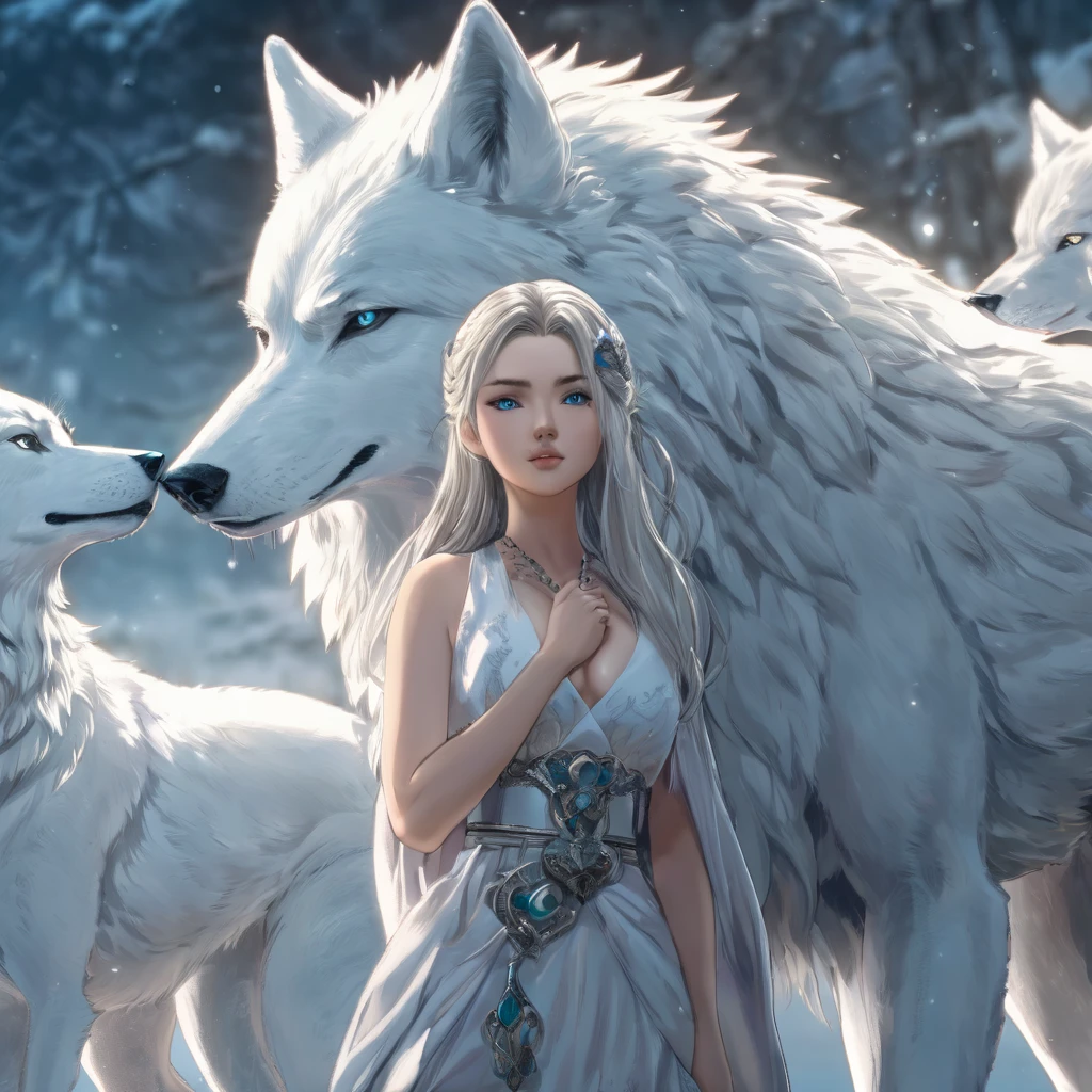 chica posando. Junto a un feroz lobo blanco gigante. Estilo seductor. lindo, increíblemente femenina. Hermoso. chica anime. Anatomía femenina natural, pose muy femenina. Hermoso traits. Del lado mágico. hiperdetallado. alta definición. estilo animado. hdr. 8K.