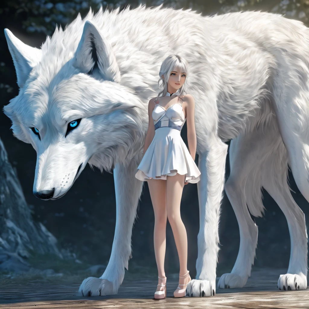 chica posando. Junto a un feroz lobo blanco gigante. Estilo seductor. lindo, increíblemente femenina. Hermoso. chica anime. Anatomía femenina natural, pose muy femenina. Hermoso traits. Del lado mágico. hiperdetallado. alta definición. estilo animado. hdr. 8K.