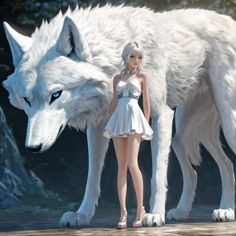 girl posing. Alongside a ferocious giant white wolf. Seductive style. Cute, incredibly feminine. Beautiful. Anime girl. Natural ...