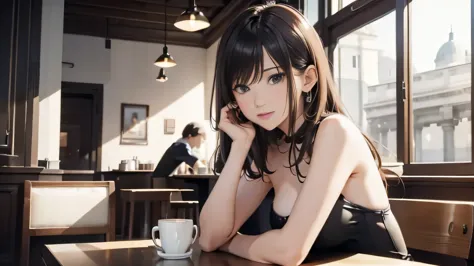 stylish cafe、masterpiece, highest quality, cinematic light, 8K resolution, sharp focus: 1.2, 25 year old woman, sexy woman,Hot c...