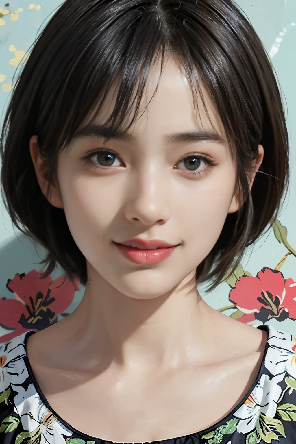 (A hyper-realistic), (illustration), (hight resolution), (8K), (highly detailed), (The best illustrations), (detailed face), (beautiful detailed eyes), (top-quality), (​masterpiece), (wall-paper), Upper body close-up, short hair,inner colored, solo, Girl in simple dark underwear, plump breasts, smile