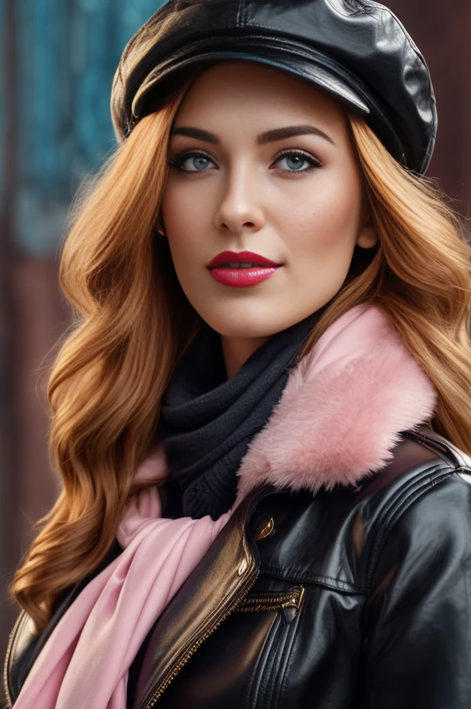 Крупный план портрета великолепной, красивый, Потрясающая русская женщина в стильном наряде: черная кожаная куртка с розовым мехом, свитер, и кепка газетчика, и розовый шарф. Рыжая женщина из России., нежный red lips, пастельно-розовый оттенок кожи, мягкая безупречная бледная кожа, элегантный make-p, розовая помада. стильный, элегантный, стильная рыжая женщина, величественная дама, красота мечты, неземная красота, нежный, чувствительный, нежный, прекрасный, романтический, Добрый, такая женственная и сильная, храбрый, решительная женщина. элегантный вид, струящиеся и сияющие многослойные волнистые рыжие волосы. Она делает фотокнигу, позирует перед камерой пока. 8К, профессиональная фотография, редакционная фотография, портретная фотография русской модели.
