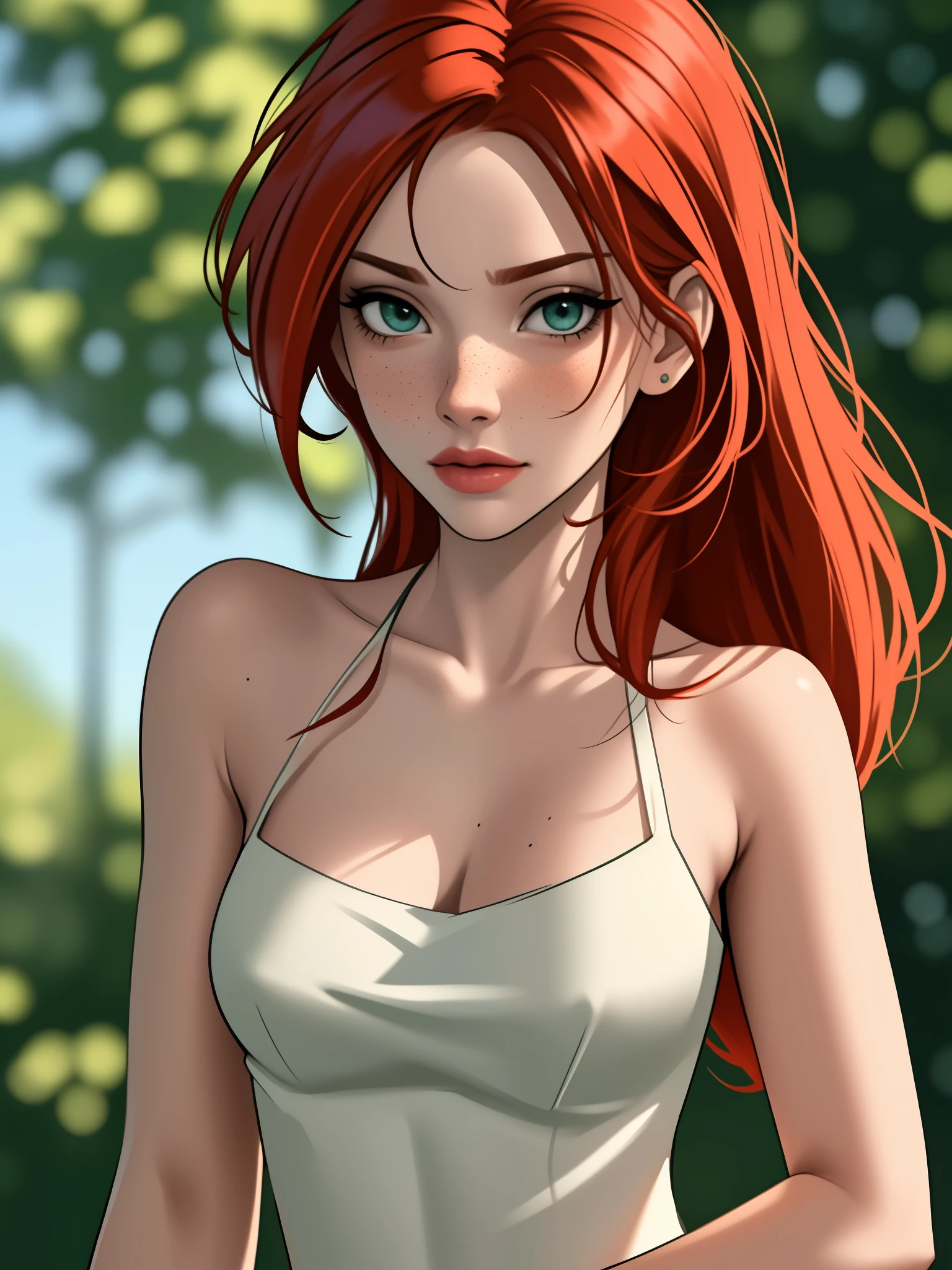 (Masterpiece, best quality, photorealistic, highres, photography:1.3), close-up portrait, sharp focus, 1 ginger girls ,long red ponytail,  European fashion models, flawless skin, slim feminine appearance, flat abdomen, slender abs, cleavage, messy long hair, detailed hair strands, delicate sexy face, allure look, ((detailed makeup)), outdoor fashion photoshoot, standing pose, ((realistic, ultra realistic, realism, realistic detail)), freckles, blush, red hair, middle part, green eyes