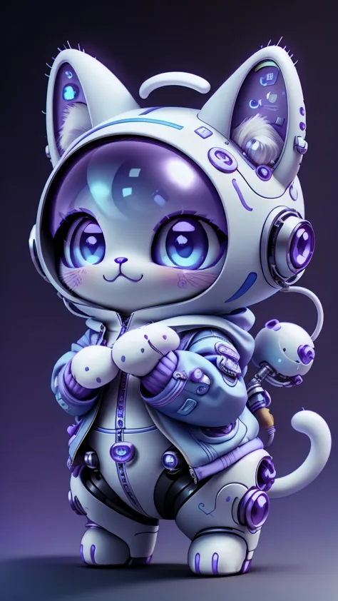 a mini cute surreal futuristic mechanical cat wearing a jacket. blue skin. cinematic, super detailed, white gradient background ...