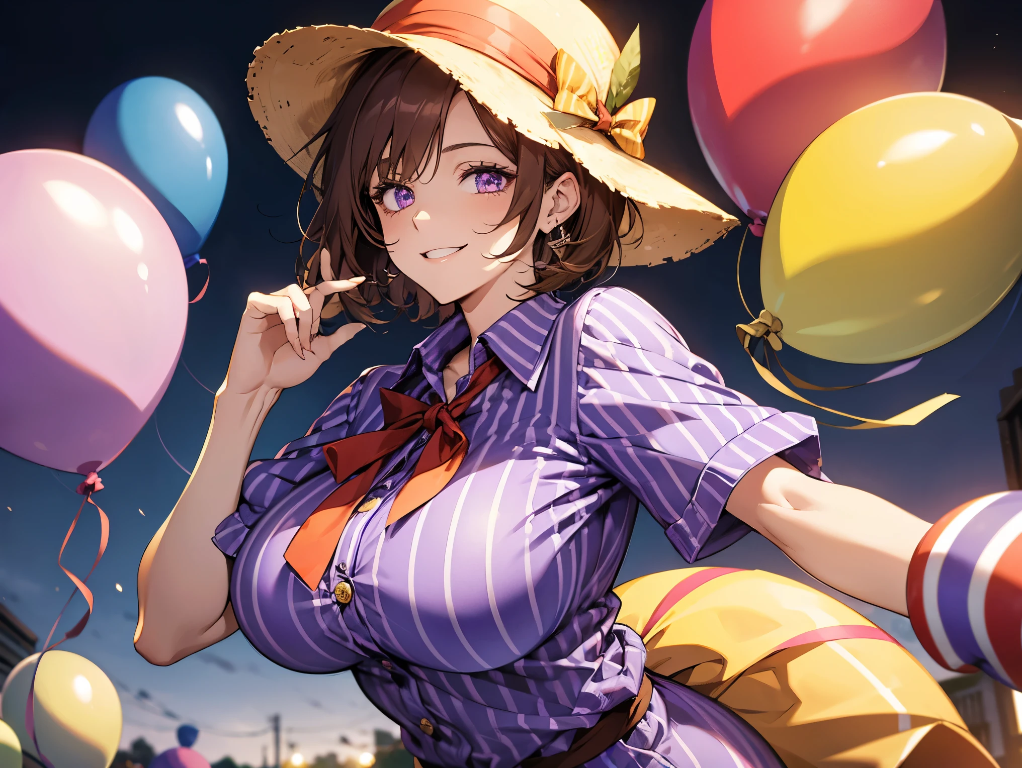 1female, teacher, wearing a purple and blue striped shirt, bootyshorts, Thicc, big breast, brown hair, short hair, light purple eyes, face to detail, propeller hat, detailed eyes, the background is a pizzaria, smiling, holding a red and yellow striped balloon,