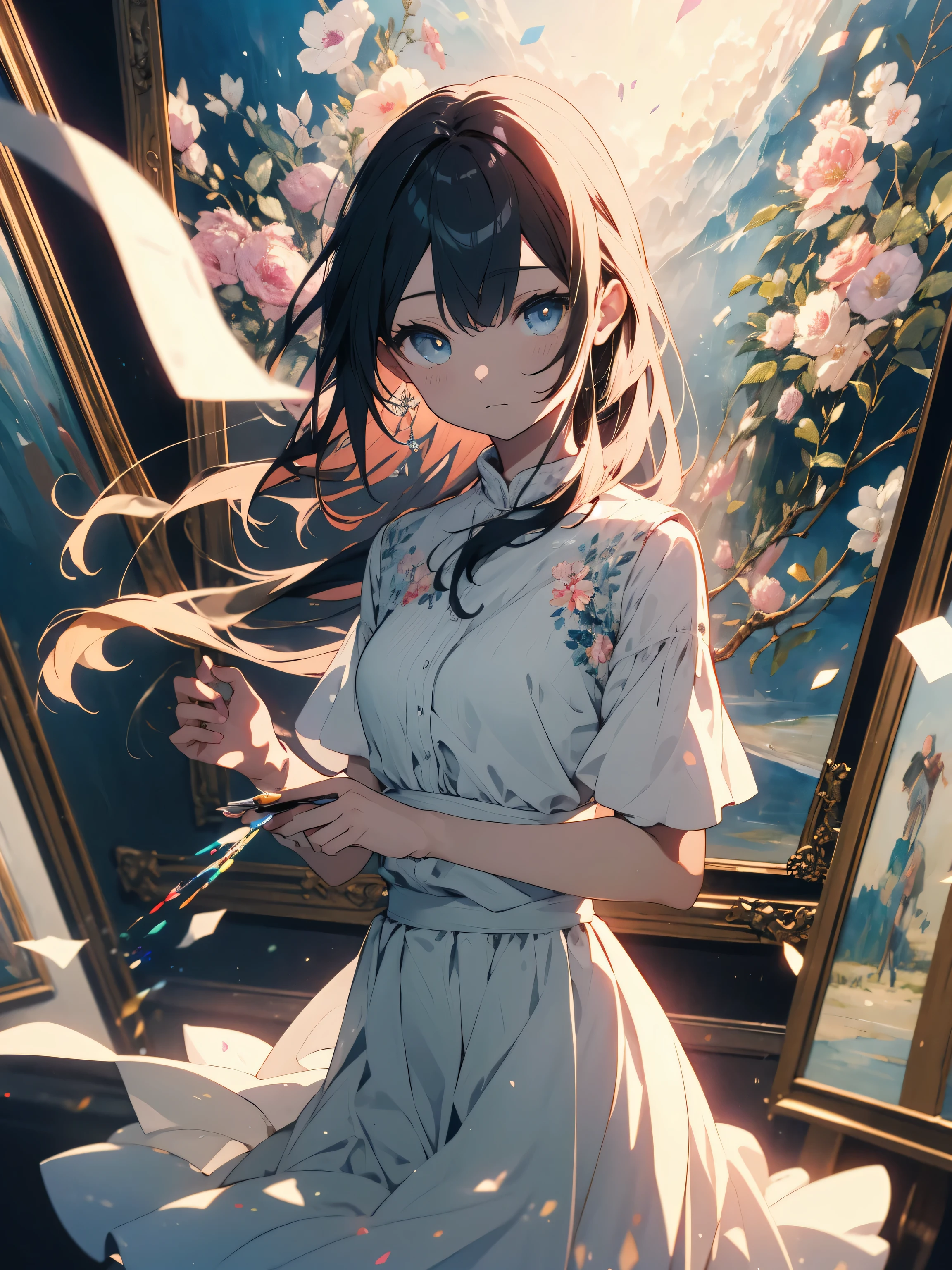 (highest quality、masterpiece、High resolution、detailed)、(Shining eyes、detailed beautiful face)､pity、((beautiful venus:1.9、woman))、(White flared skirt dress)、intricate skirt、Fantastic beautiful background:1.7、painting、Vines are wrapped around the edge of the painting、Beautiful flowers are blooming around the painting.