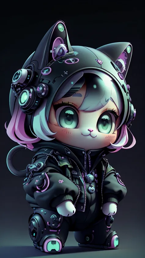 a mini cute surreal futuristic mechanical cat wearing a black jacket. pink skin. cinematic, super detailed, white gradient backg...