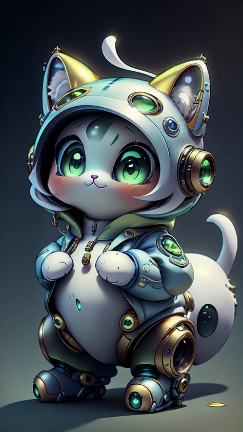 a mini cute surreal futuristic mechanical cat wearing a blue jacket. golden skin. cinematic, super detailed, white gradient back...