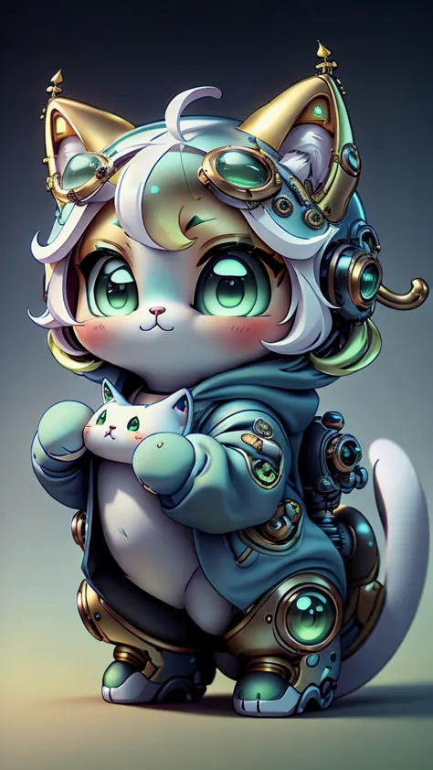 a mini cute surreal futuristic mechanical cat wearing a blue jacket. golden skin. cinematic, super detailed, white gradient back...