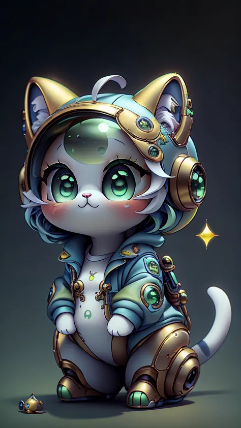 a mini cute surreal futuristic mechanical cat wearing a blue jacket. golden skin. cinematic, super detailed, white gradient back...