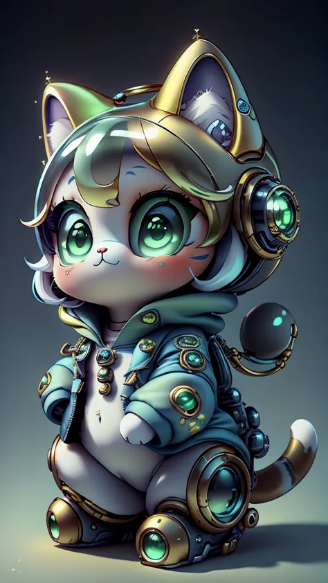 a mini cute surreal futuristic mechanical cat wearing a blue jacket. golden skin. cinematic, super detailed, white gradient back...