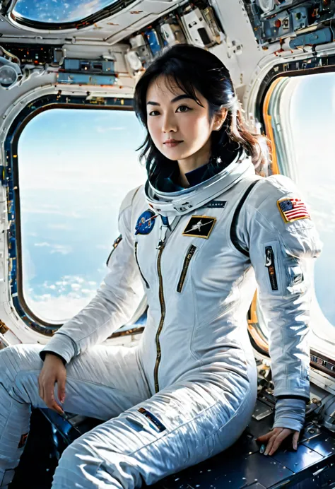Arabian woman in white spacesuit sitting on space shuttle, space girl, In a space suit, powerful woman sitting in space, wearing...
