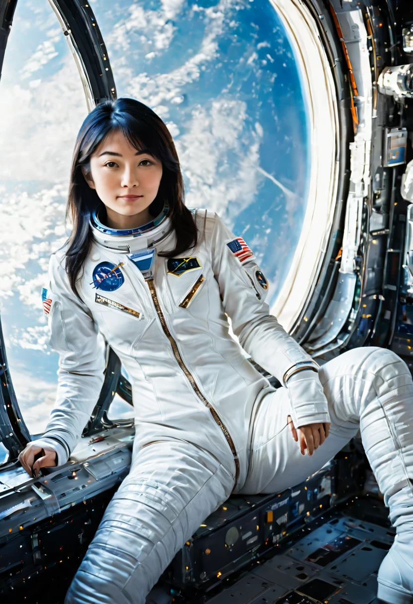 Mujer árabe en un traje espacial blanco sentada en una lanzadera espacial, chica del espacio, en un traje espacial, mujer poderosa sentada en el espacio, usando un traje espacialいる, mujer astronauta, usando un traje espacial, retrato anime chica cadete espacial, akiko takase, Kazue Kato, Frente a la ventana de la estación espacial, Mujeres asiáticas de Star Trek, Espacio Molly, Suzuki Kiyoko