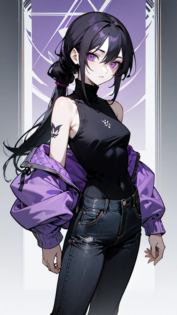 (masterpiece, sidelighting, finely detailed purple eyes: 1.2), ((best quality)), (highly detailed:1.3), anime, character sheet, concert art, young girl, ((black turtleneck, sleeveless)), open jacket, (loose black denim pants), pale skin, (bored expression), long hair, ((black hair:1.3)), straight hair, hair between eyes, low ponytail, purple tattoo on left palm, scar on face, solo, 1girl,