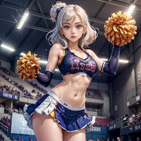 masterpiece, best quality, detailed face, woman, platinum hair, college cheerleader uniform, midriff, standing, holding pom poms...